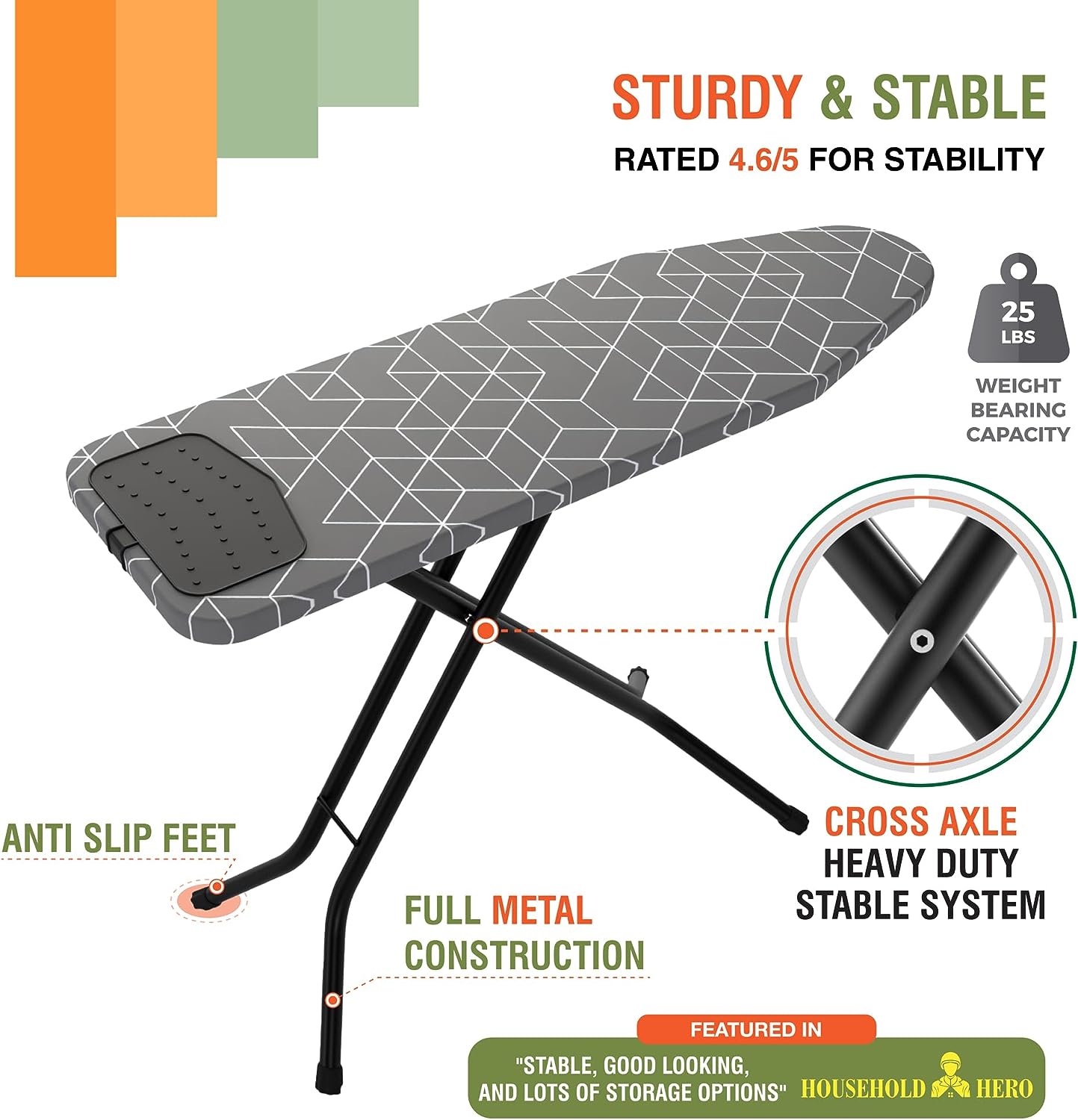 Full Metal Ironing Board 48" X 15" with Silicon Iron Rest | With Iron Holder