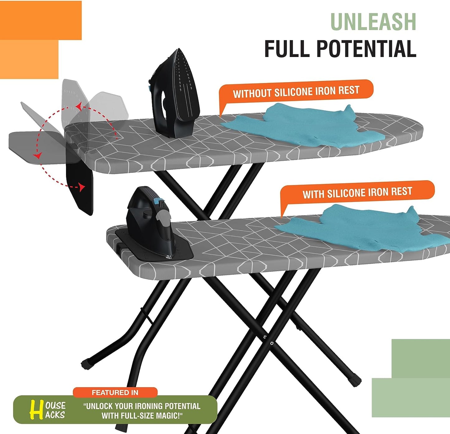Full Metal Ironing Board 48" X 15" with Silicon Iron Rest | With Iron Holder