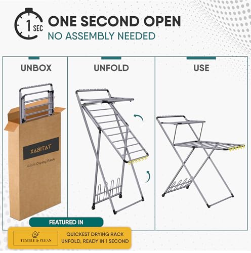 Clothes Drying Rack with Shoe Dryer | No Assembly | Metal Construction, Non-Slip Feet | 2 Level with Hooks | Hidden Wheels | Foldable, Portable | Ideal for Laundry Room, Indoor & Outdoor